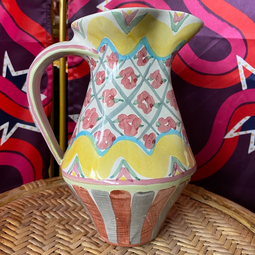 Vintage Mackenzie Childs Rose Cottage 1996 Ceramic Hand Painted Pitcher Pottery